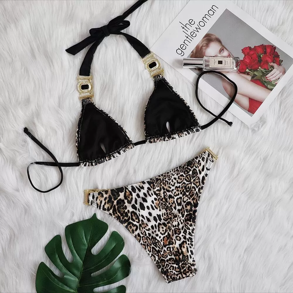 Leopard Print Rhinestone Triangle Bikini product image 2