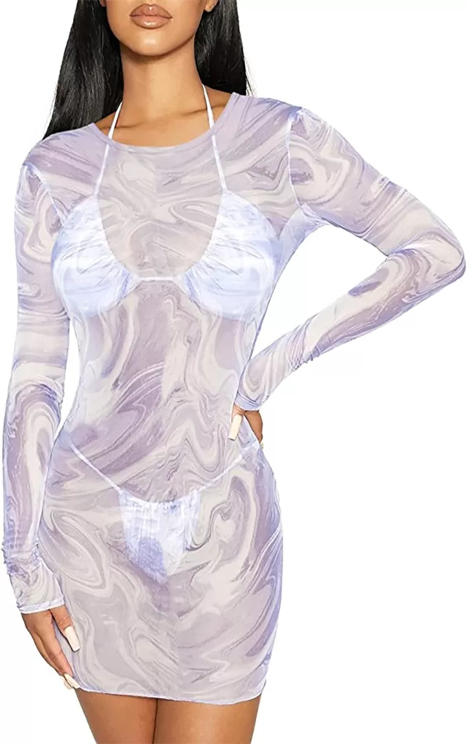Long-Sleeve Sheer Mesh Beach Cover-Up Dress