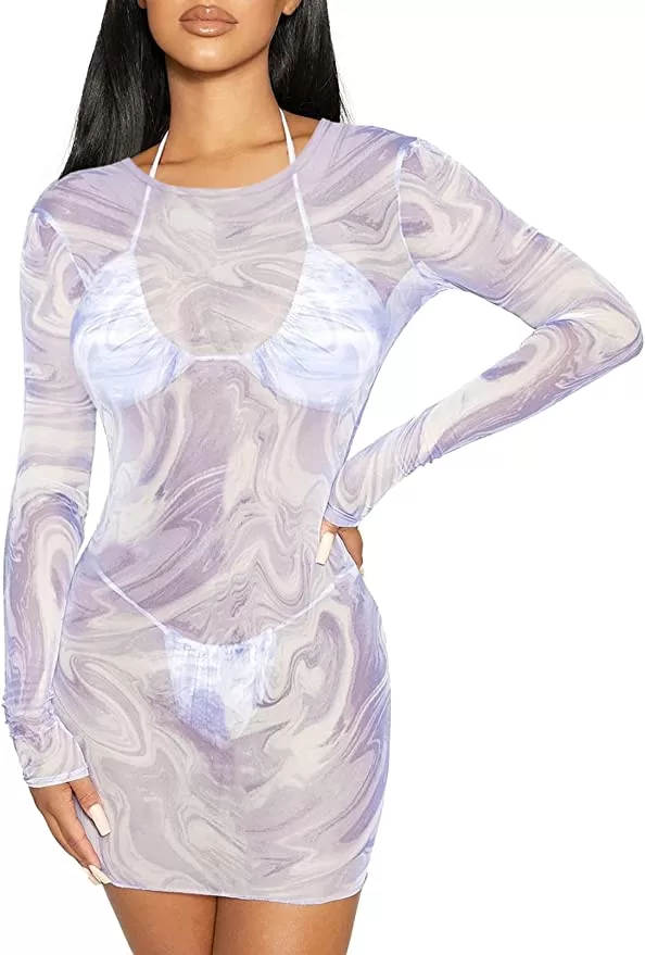 Long-Sleeve Sheer Mesh Beach Cover-Up Dress product image 1