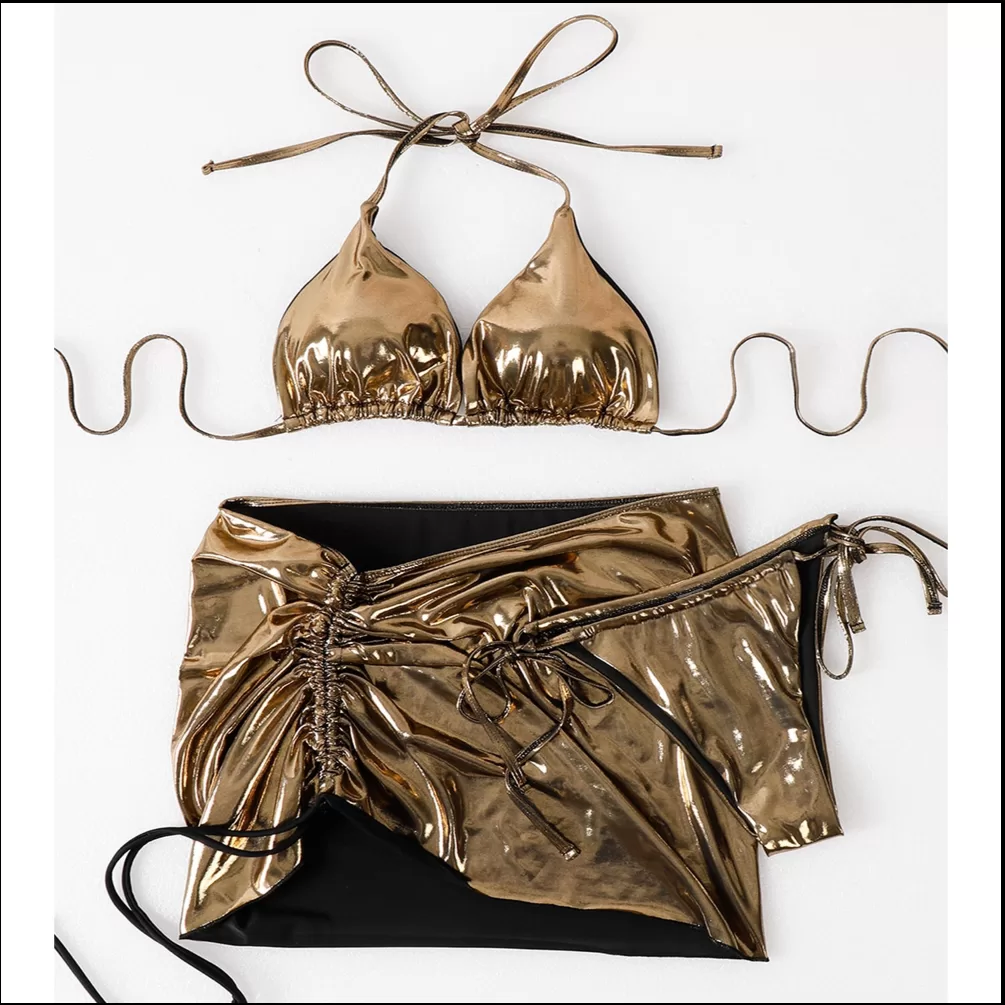 Metallic Triangle Bikini with Beach Skirt