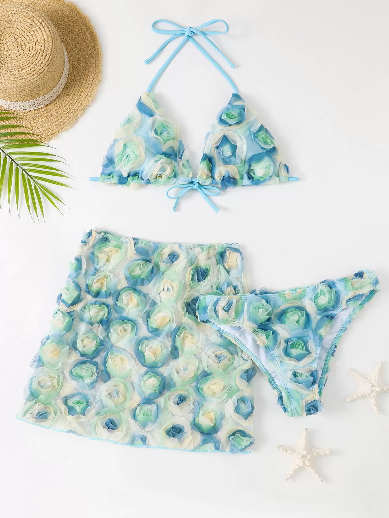 3D Rose Applique Halter Bikini Three-Piece Set product image 5