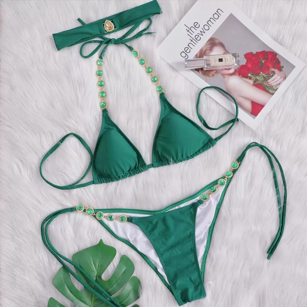 Green Crystal Halter Two-Piece Bikini Set product image 4