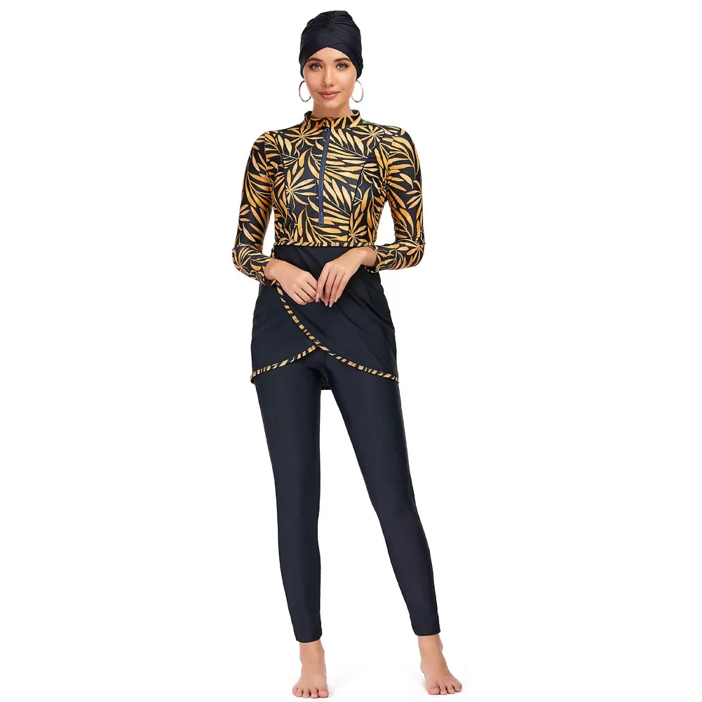 Floral Three-Piece Long-Sleeve Modest Swimsuit