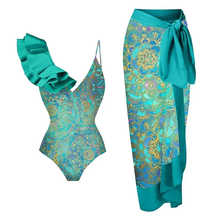Ethnic Print Ruffle Swimsuit with Maxi Wrap Skirt