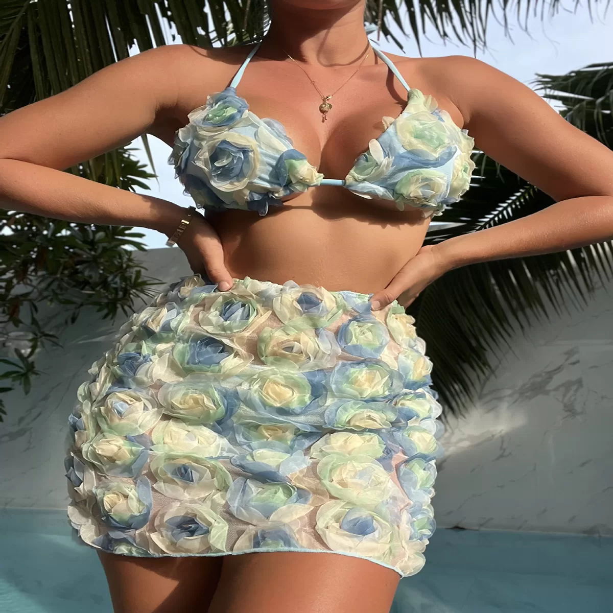 3D Rose Applique Halter Bikini Three-Piece Set