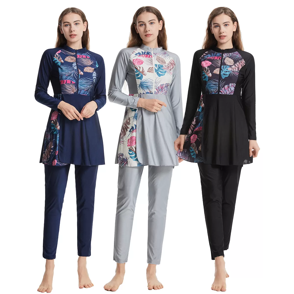 Long-Sleeve Patchwork Modest Swimsuit