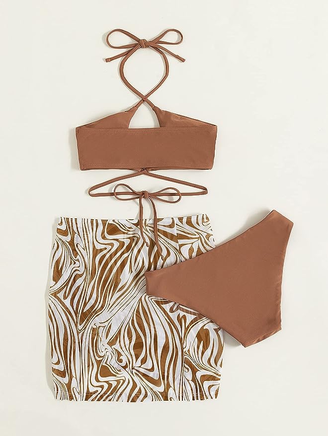 Printed Halter Bikini with Drawstring Beach Skirt product image 3