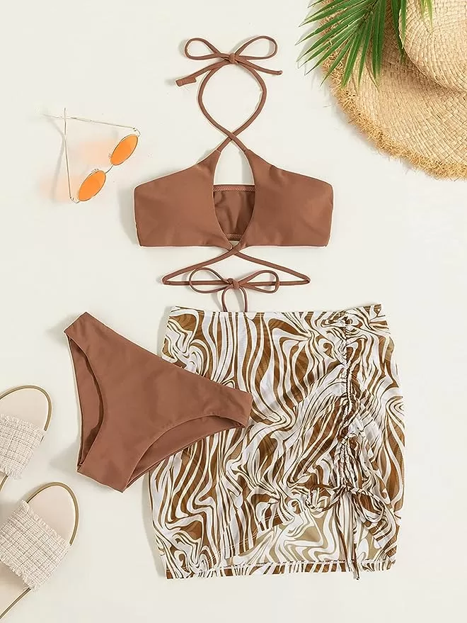 Printed Halter Bikini with Drawstring Beach Skirt product image 2